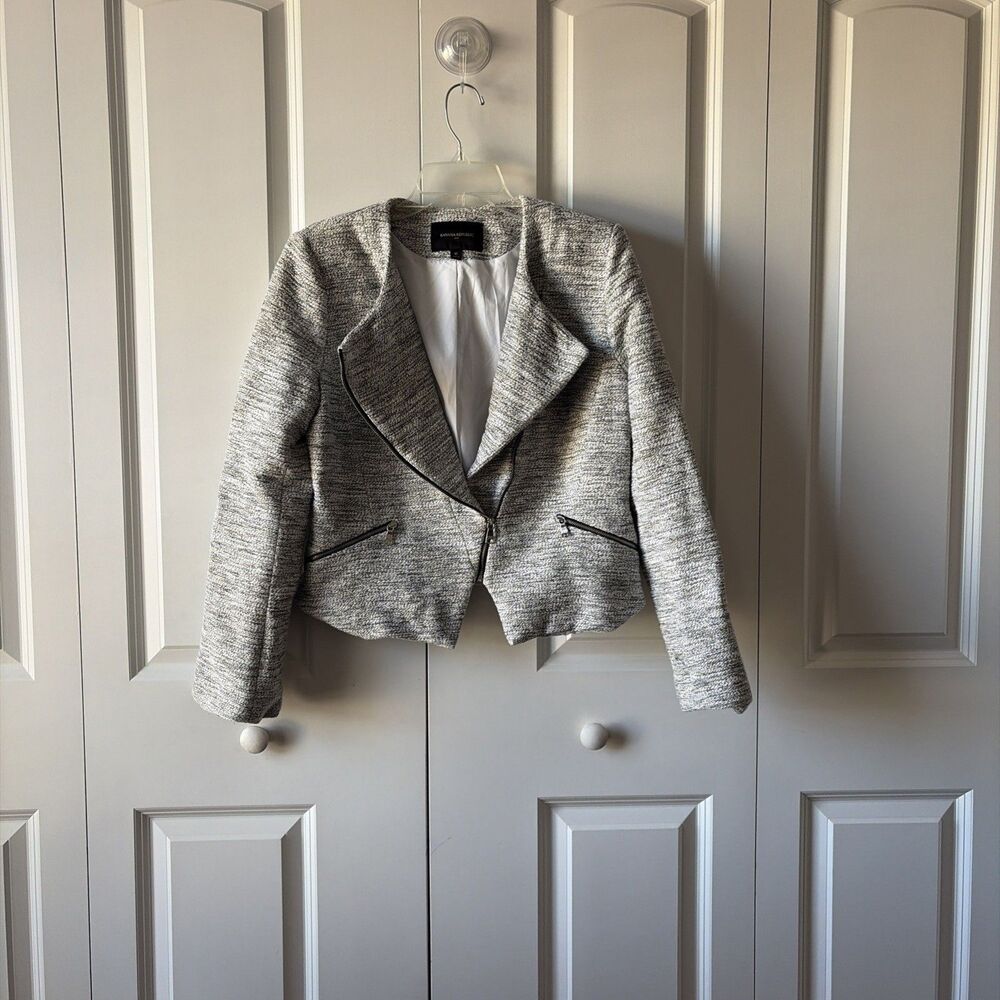 Banana Republic Factory Women's Size 10 Moto Jacket Tweed Blazer White Black